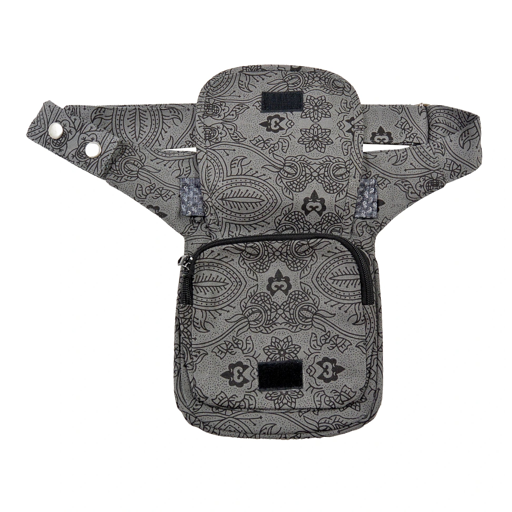 Bauchtasche Hüfttasche Stoff Baumwolle in Grau mit Ornamenten und Muster Mix. Aufgesetztes Reißverschlussfach vorne.