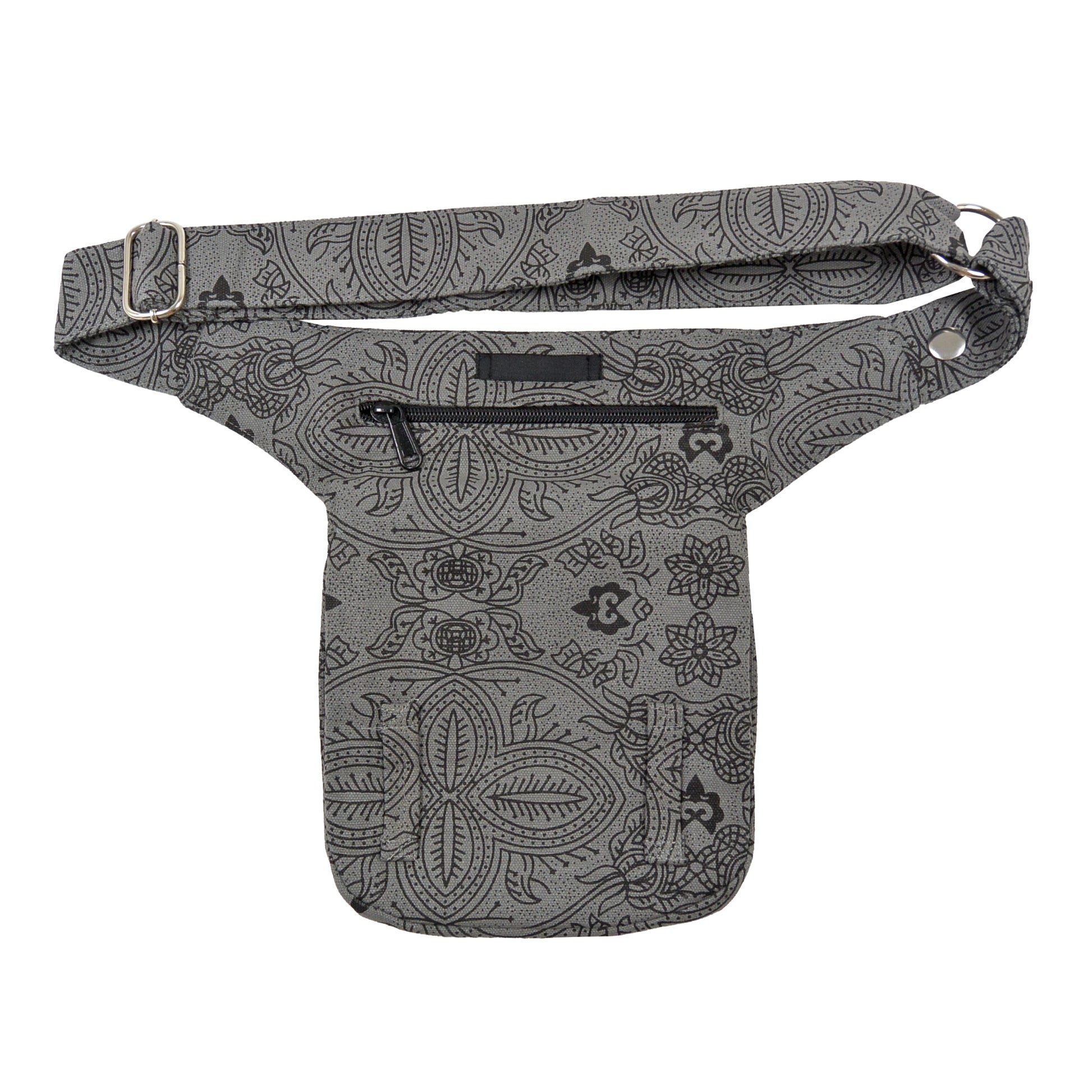 Bauchtasche Hüfttasche Stoff Baumwolle in Grau mit Ornamenten und Muster Mix  mit Reißverschlussfach und zwei Gürtelschlaufen auf der hinteren Seite .