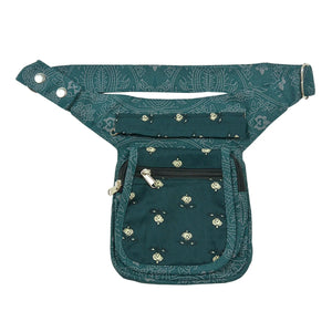 Bauchtasche Hüfttasche Stoff Baumwolle in Petrol, Grün mit Ornamenten und Rosenmuster Mix.