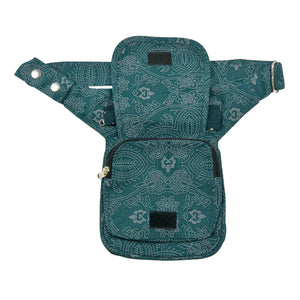 Bauchtasche Hüfttasche Stoff Baumwolle in Petrol, Grün mit Ornamenten und Rosenmuster Mix. Aufgesetztes Reißverschlussfach vorne.