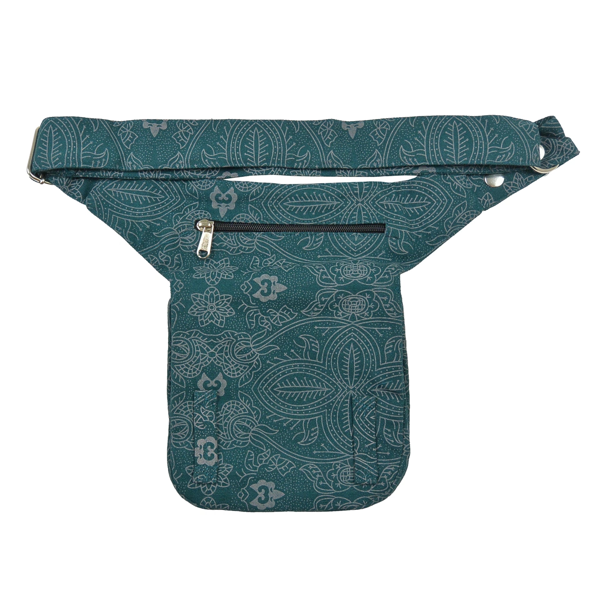 Bauchtasche Hüfttasche Stoff Baumwolle in Petrol, Grün mit Ornamenten und Rosenmuster Mix mit Reißverschlussfach auf der hinteren Seite.