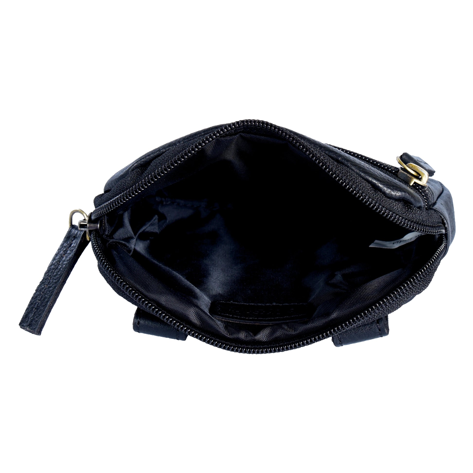 Kleine schwarze Beuteltasche aus echtem Leder in Schwarz, mit zwei separaten Fächern.