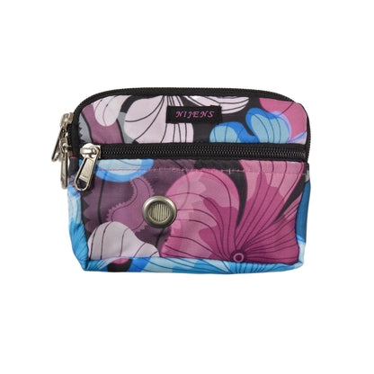 Kleine Beuteltasche aus Polyester in Blau, Weiß und Magenttönen mit Blumenblattmotiven, mit Öse.