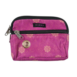 Kleine Beuteltasche aus Polyester Pink mit floralen Ornamenten-Print, mit Öse und zwei separaten Reißverschlussfächern sowie zwei Gürtelschlaufen.