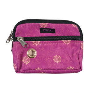 Kleine Beuteltasche aus Polyester Pink mit floralen Ornamenten-Print, mit Öse und zwei separaten Reißverschlussfächern sowie zwei Gürtelschlaufen.