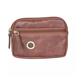 Kleine schlichte Beuteltasche aus Leder, Cognac Braun mit einem Reißverschlussfach für Schlüssel, Kleingeld oder Leckerlis und ein kleines Reißverschlussfach mit Metallöse zur Entnahme von Hundekotbeuteln.