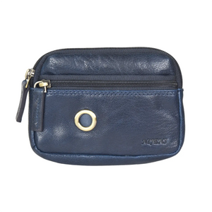 Kleine Beuteltasche aus Leder in Navi Blau mit einem Reißverschlussfach für Schlüssel, Kleingeld oder Leckerlis und ein kleines Reißverschlussfach mit Metallöse zur Entnahme von Hundekotbeuteln.