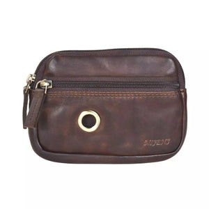Kleine Beuteltasche aus Leder, Mahagoni Braun, mit einem Reißverschlussfach für Schlüssel, Kleingeld oder Leckerlis und ein kleines Reißverschlussfach mit Metallöse zur Entnahme von Hundekotbeuteln.