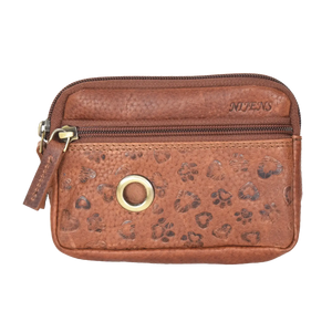 Beuteltasche aus echtem Leder mit Gürtelschlaufen und mit zwei separaten Fächern. Leder Brandy mit Pfotenherzprägungen.