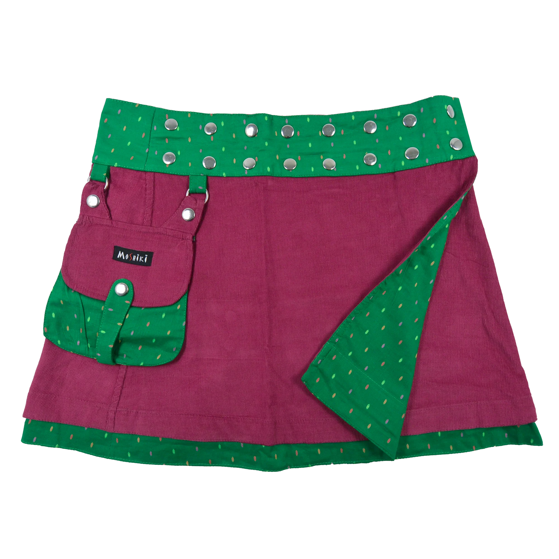 Wenderock aus Cord, Pink/Grün mit abnehmbarer Tasche. Umfang ist mit einer doppelten Druckknopfleiste am Rockbund einstellbar