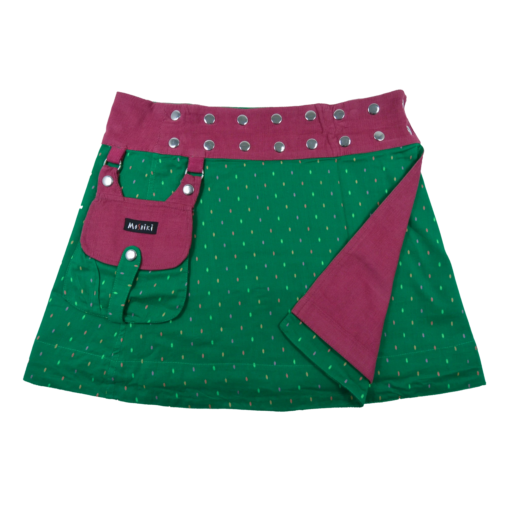 Wenderock aus Baumwolle und Cord, Pink/Grün mit abnehmbarer Tasche. Umfang ist mit einer doppelten Druckknopfleiste am Rockbund einstellbar