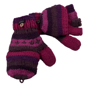 Fingerfreie Handschuhe aus Strick. Lila Magentafarben gestreift. Mit umklappbarer Fingerabdeckung zum Fäustling.