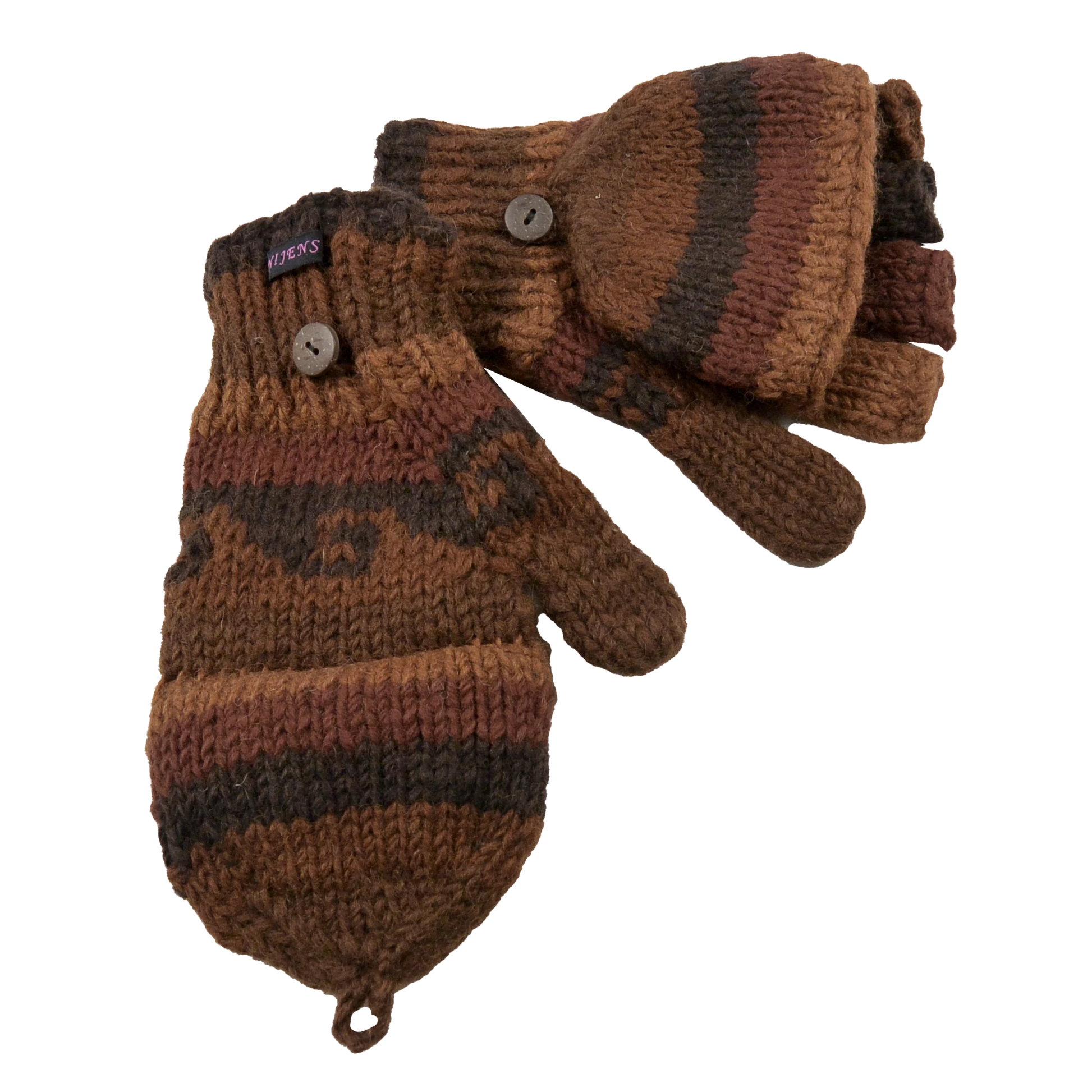 Braun-Rotbraun, handgestrickte fingerfreie Handschuhe aus Wolle, welche sich mit einer Fingerabdeckung zu Fäustlingen umwandeln lassen.