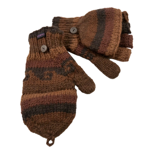 Braun-Rotbraun, handgestrickte fingerfreie Handschuhe aus Wolle, welche sich mit einer Fingerabdeckung zu Fäustlingen umwandeln lassen.