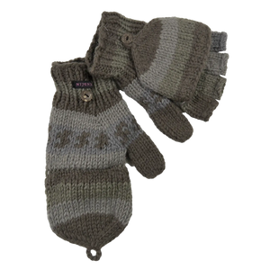 Grau-Grün, handgestrickte fingerfreie Handschuhe aus Wolle, welche sich mit einer Fingerabdeckung zu Fäustlingen umwandeln lassen.