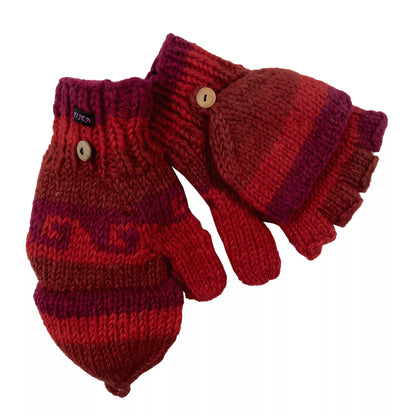 Handgestrickte fingerfreie Handschuhe Rot aus Wolle, welche sich mit einer Fingerabdeckung zu Fäustlingen umwandeln lassen.