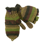 Grün- Braune handgestrickte fingerfreie Handschuhe aus Wolle, welche sich mit einer Fingerabdeckung zu Fäustlingen umwandeln lassen.