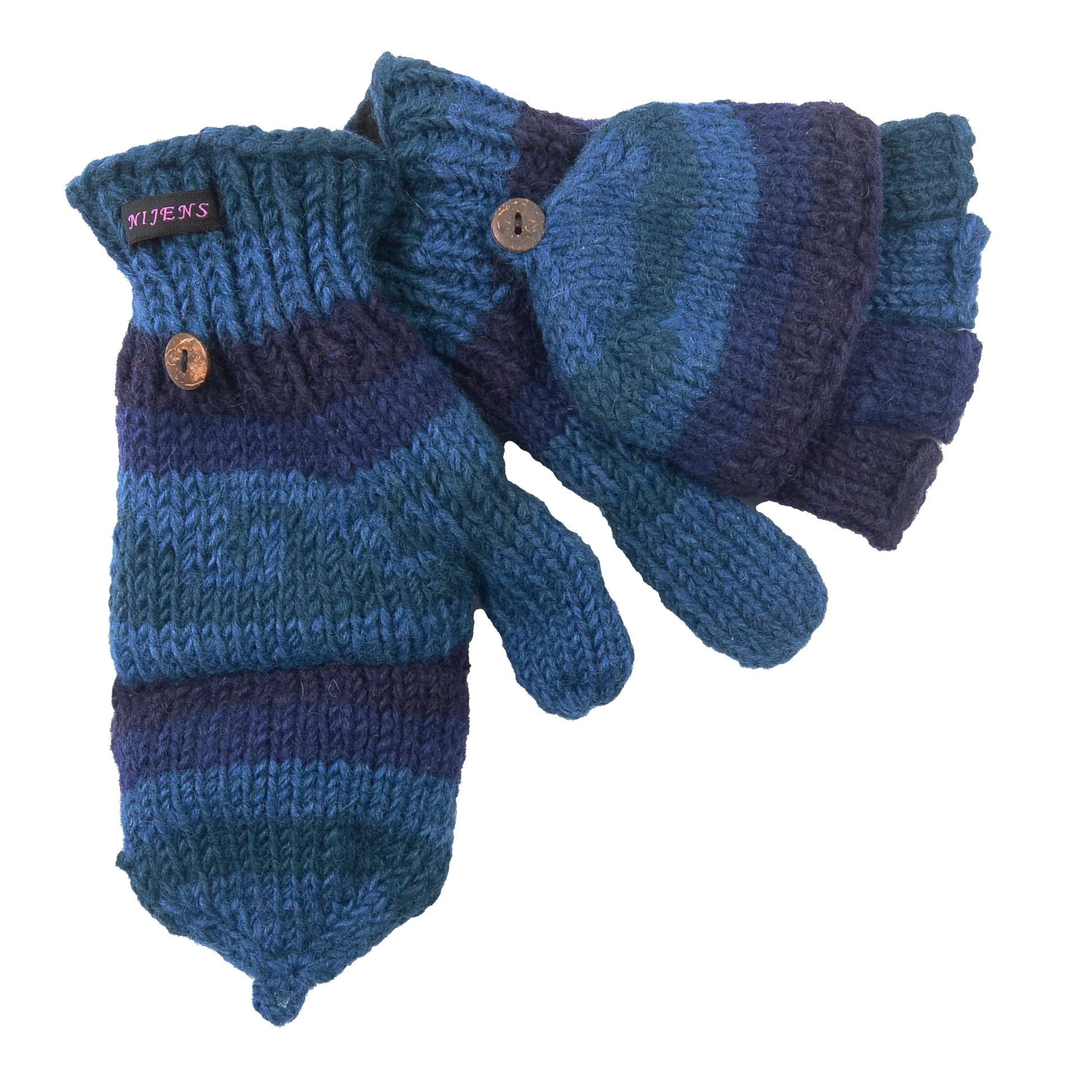 Nachtblaue fingerfreie Handschuhe aus Wolle, welche sich mit einer Fingerabdeckung zu Fäustlingen umwandeln lassen.