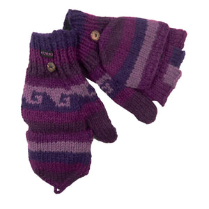 Handgestrickte fingerfreie Handschuhe Lila aus Wolle, welche sich mit einer Fingerabdeckung zu Fäustlingen umwandeln lassen.