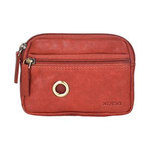 Kleine schlichte Beuteltasche aus rotem Leder mit einem Reißverschlussfach für Schlüssel, Kleingeld oder Leckerlis und ein kleines Reißverschlussfach mit Metallöse zur Entnahme von Hundekotbeuteln.