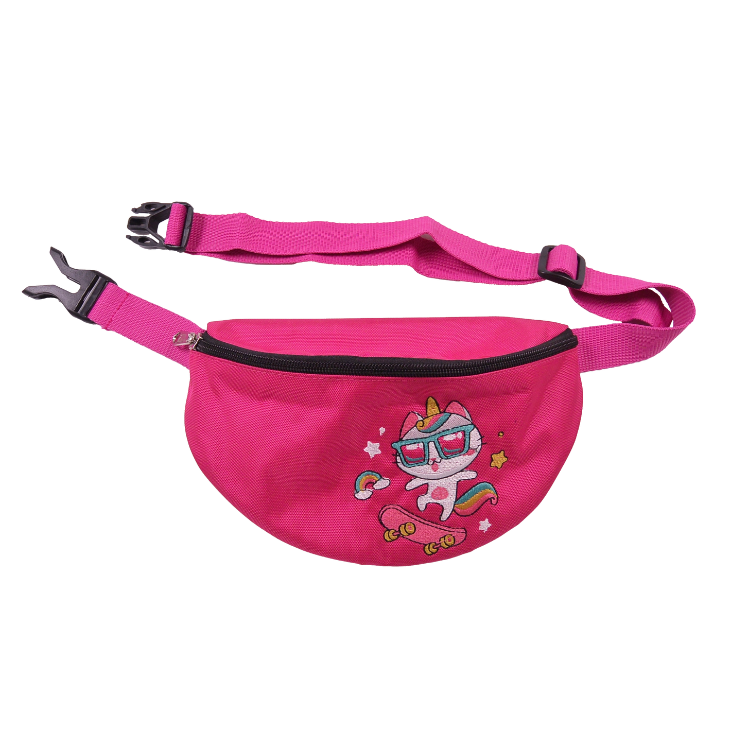 Stoff-Hüfttasche für Mädchen, Rosa Bauchtasche mit verstellbarem Bauchgurt, Clipverschluss. Gürteltasche mit Stickmotiv "Katze-Einhorn".