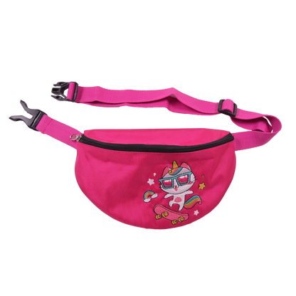 Stoff-Hüfttasche für Mädchen, Rosa Bauchtasche mit verstellbarem Bauchgurt, Clipverschluss. Gürteltasche mit Stickmotiv "Katze-Einhorn".