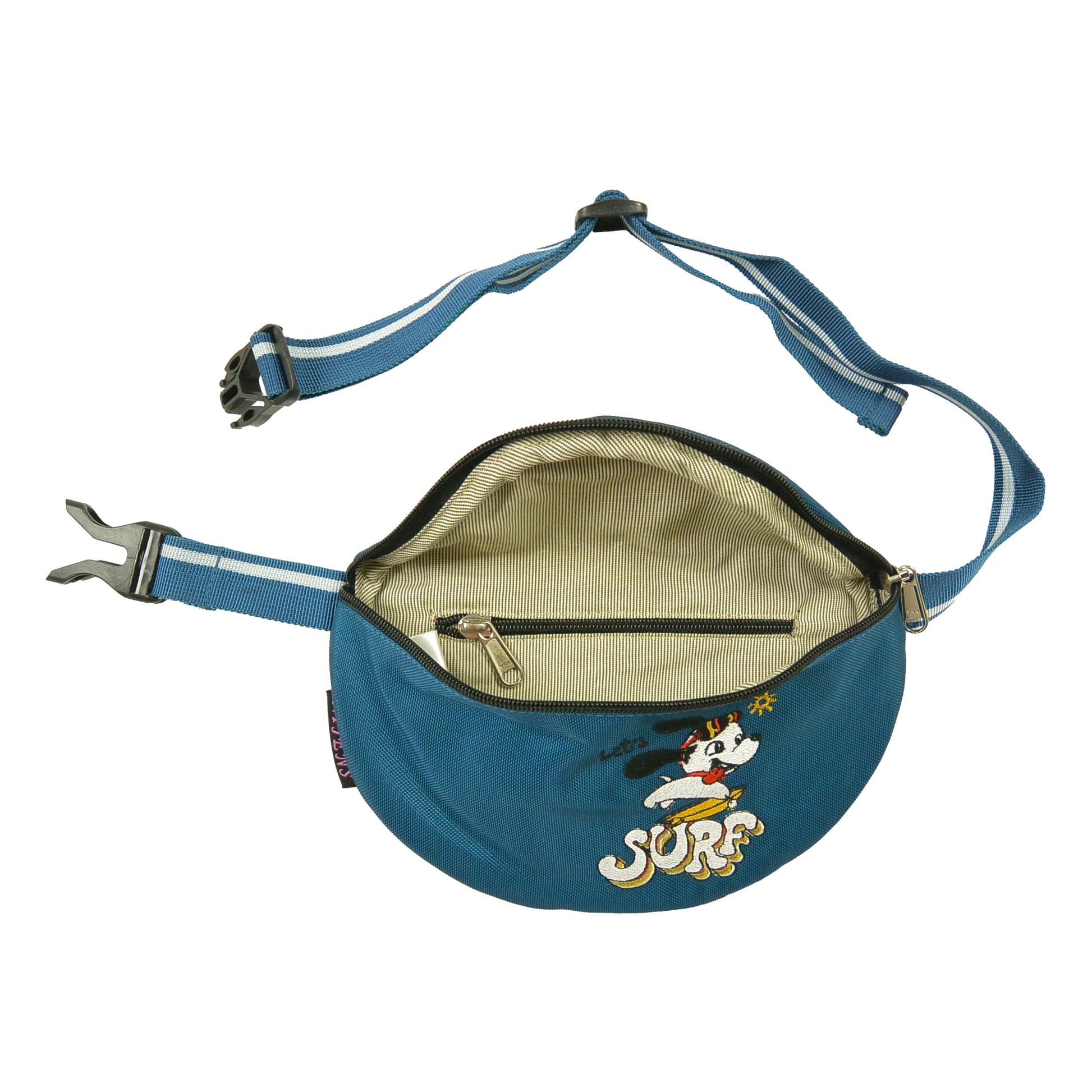  Stoff-Hüfttasche mit Stickmotiv "Let´s SURF", wasserabweisende blaue Bauchtasche mit verstellbarem Bauchgurt, Clipverschluss - Nijens Shop