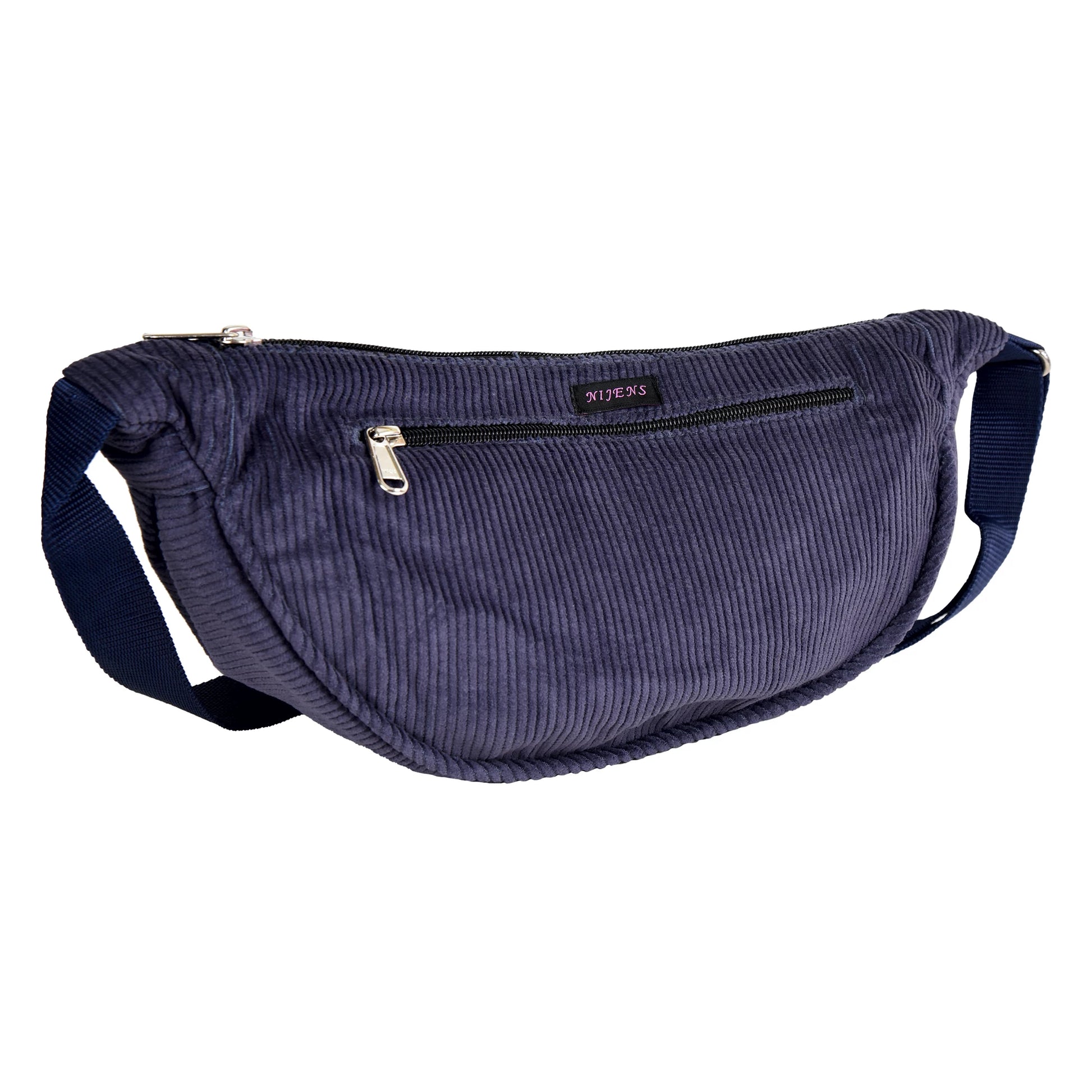 Kleine marineblaue Crossbody-Bag, Umhängetasche aus Cordsamt mit zwei Reißverschluss Fächern.