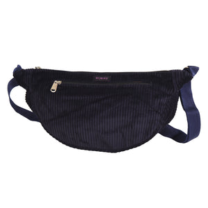 Kleine Crossbody-Bag, Umhängetasche aus Cordsamt Navyblau mit zwei Reißverschluss Fächern.