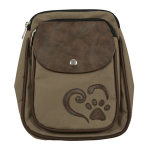 Wasserabweisende Beuteltaschen beige mit Herz und Pfotenapplikation. Drei Fächer. Auf der Rückseite besitzt sie zwei Gürtelschlaufen für den Taschengurt oder Gürtel und zwei Schlaufen für einen Beingurt.