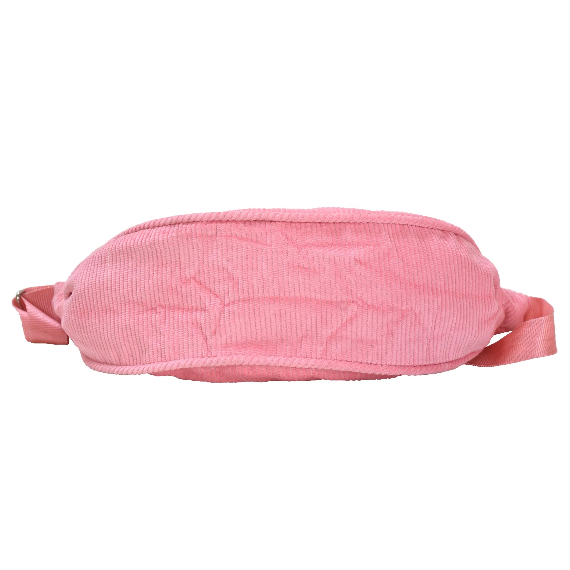 Crossbody-Bag, kleine Umhängetasche aus Cord samt, in Rosa. Hauptfach und Seitenfach außen sind mit einem Reißverschluss verschließbar. Breiter Boden.