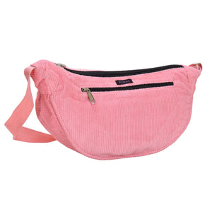Crossbody-Bag, kleine UmhĂ€ngetasche aus Cord samt, in Rosa. Hauptfach und Seitenfach auĂen sind mit einem ReiĂverschluss verschlieĂbar.