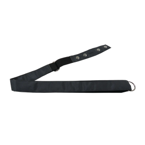 Grauer Gürtel aus Polyester. Verschließbar mit zwei Druckknöpfen aus Metall. Stufenlos Größenverstellbar mit Leiterschnalle.