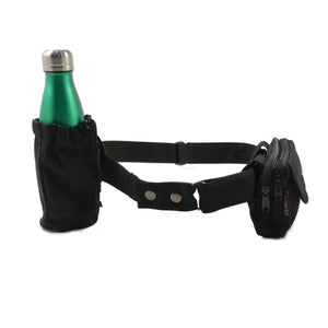 SET: 1 x Gürtel für Beuteltaschen, 1 x Beuteltasche aus Baumwollstoff  in Schwarz, 1 x Flaschenbeutel in Schwarz, Wasserflasche in Grün.