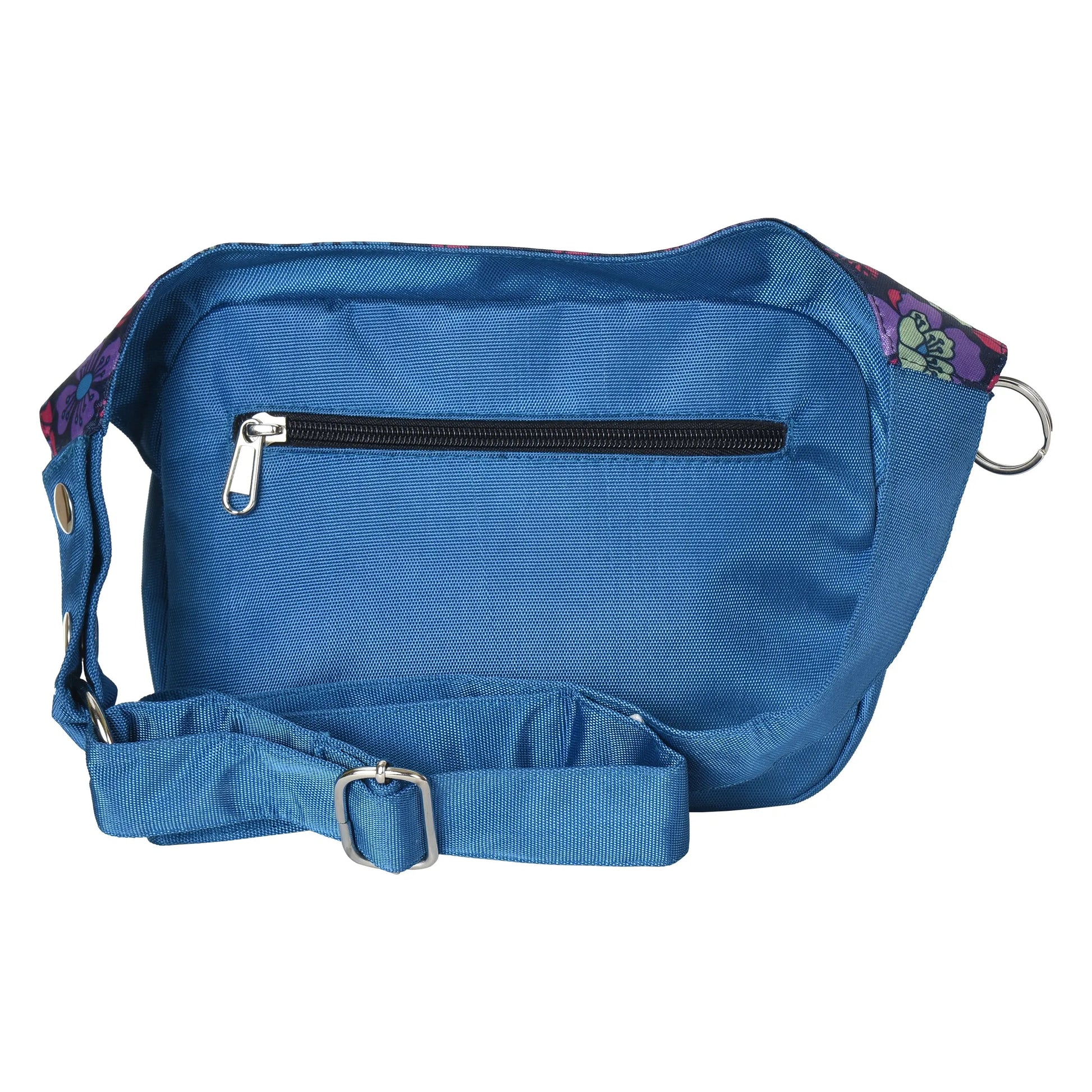 Rückansicht der blauen Nijens Hüfttasche aus Polyester mit Reißverschlussfach und verstellbarem Gurt. Nijens Shop