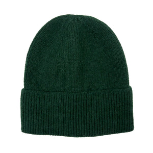 Strick-Beanie, Mütze in Rippenstrick Tannengrün mit einem breiten Umschlag.