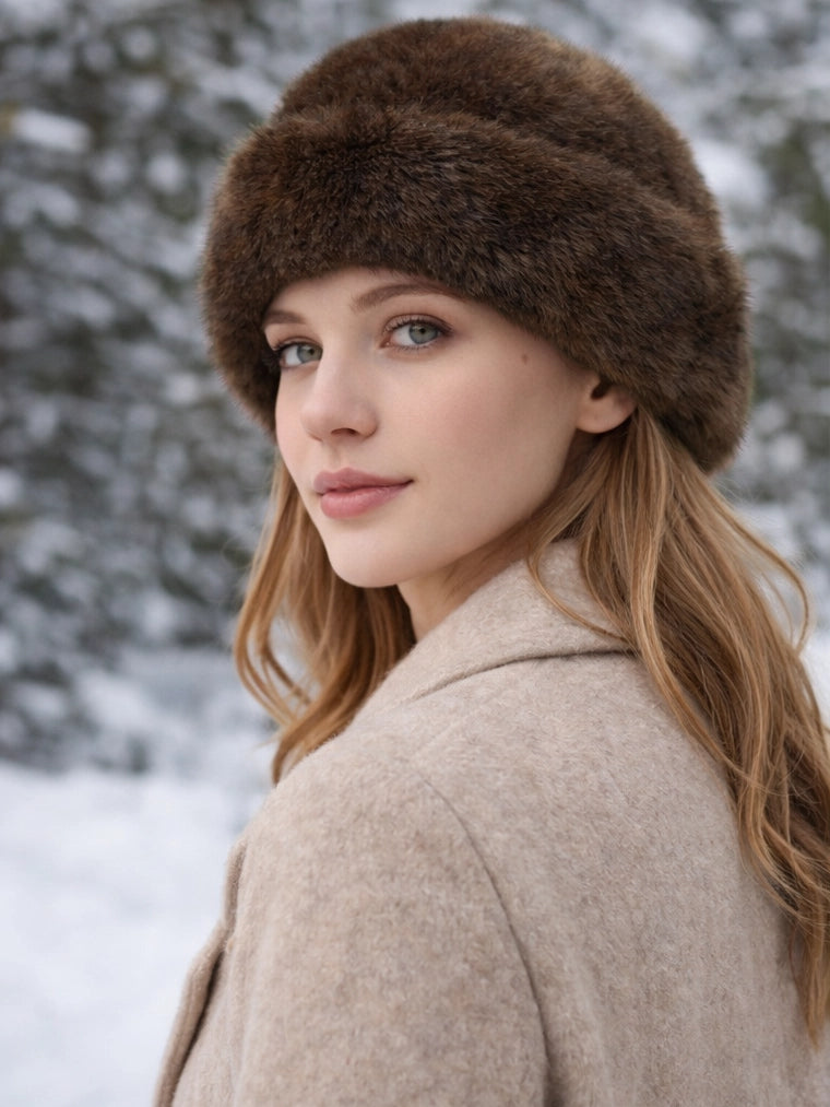 Model trägt braune Kunstfell-Wintermütze im winterlichen Outdoor-Stil