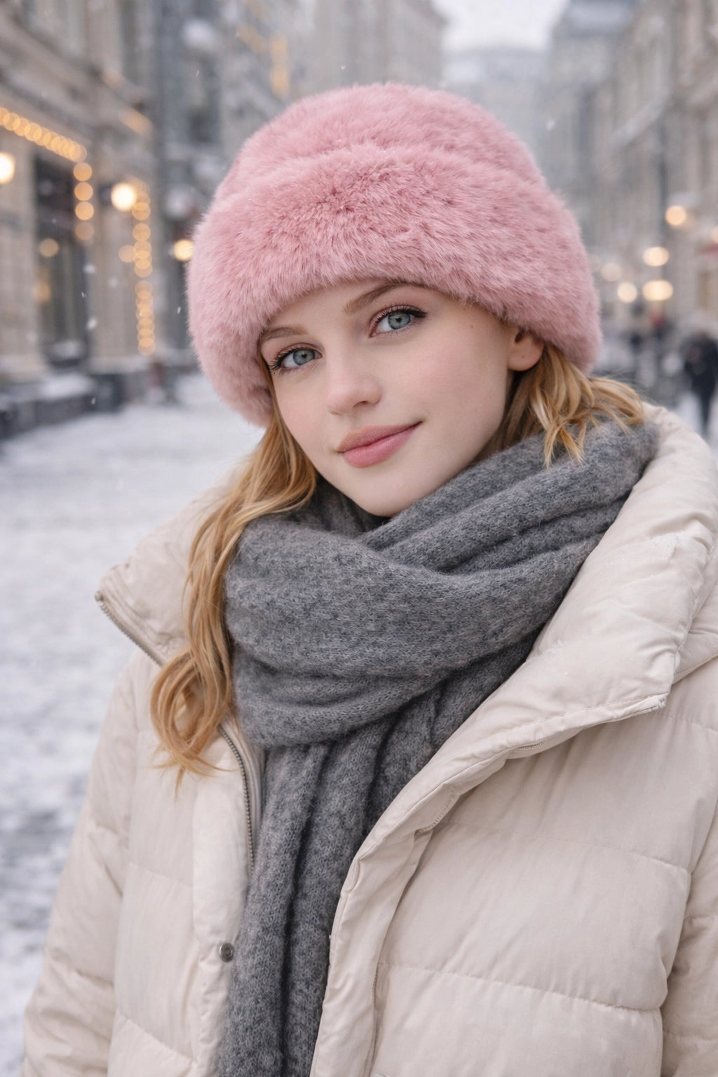 Rosa Kunstfell-Wintermütze auf Model im urbanen Winteroutfit mit Mantel und Schal