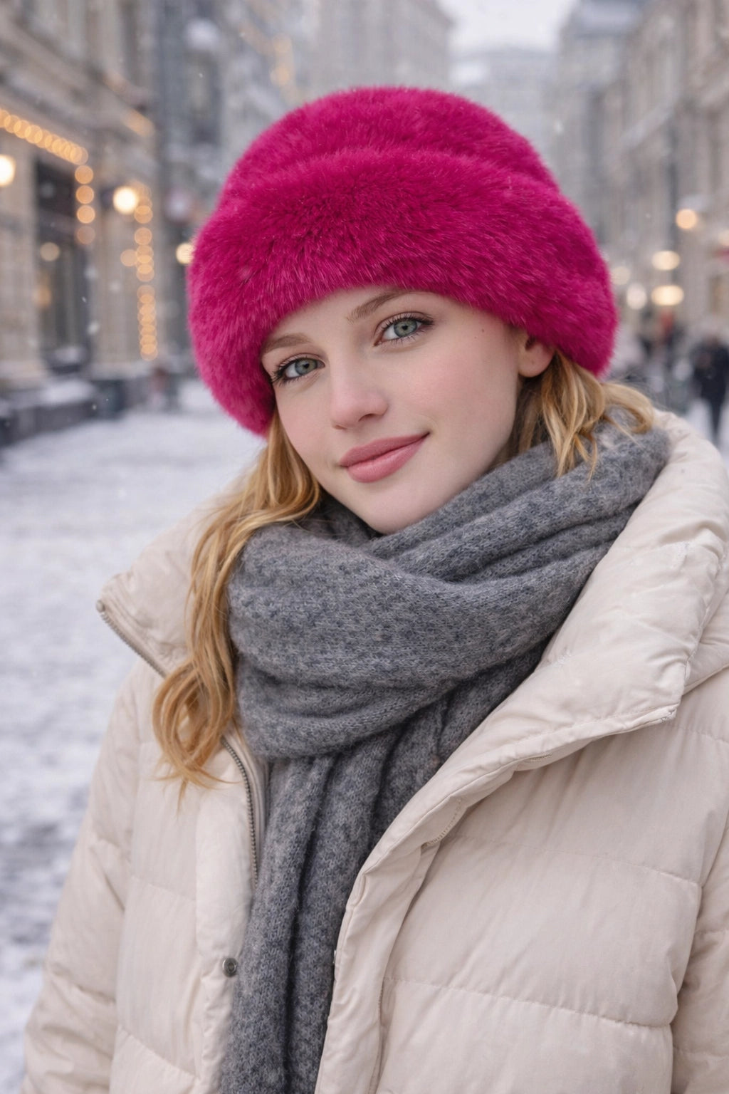 Model mit pinker Kunstfell-Wintermütze in winterlicher Stadtumgebung