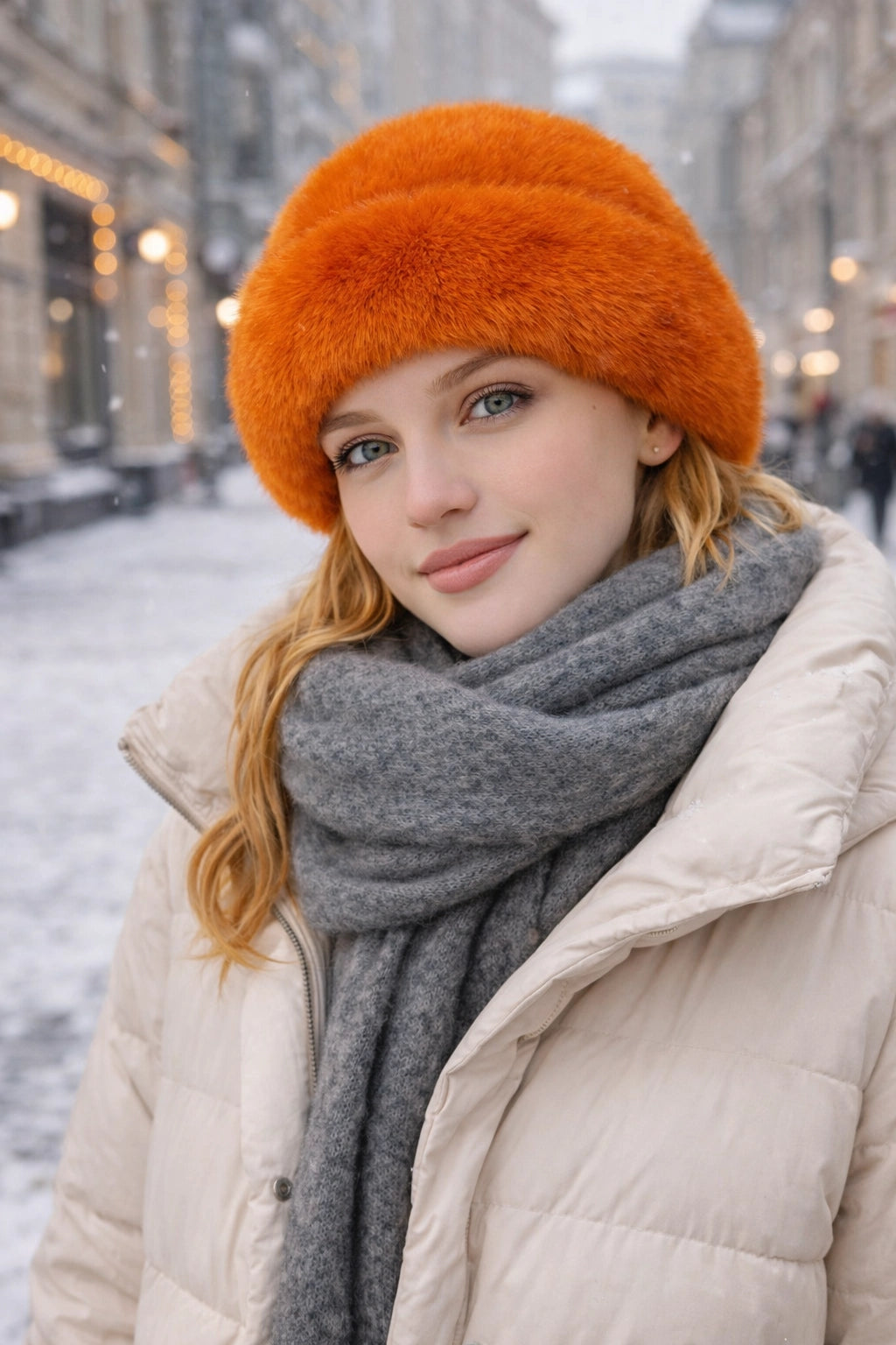 Model trägt orange Kunstfell-Wintermütze im urbanen Winterlook mit Schal