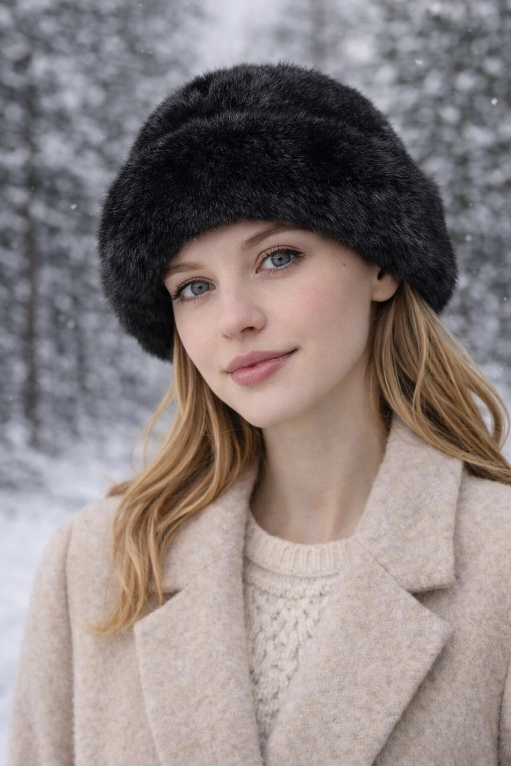 Model mit schwarzer Kunstfell-Wintermütze bei winterlicher Outdoor-Szene