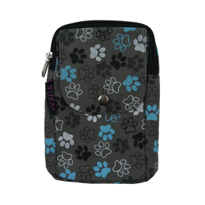 Beuteltasche Grau mit bunten Pfoten Print und zwei Gürtelschlaufen zum Anbringen an Gürtel. Mit einem Reißverschlußfach und einem Einsteckfach vorne, verschließbar mit einem Druckknopf.