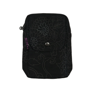 Beuteltasche schwarz mit Muster und zwei Gürtelschlaufen zum Anbringen an Gürtel. Mit einem Reißverschlußfach und einem Einsteckfach vorne verschließbar mit einem Druckknopf.