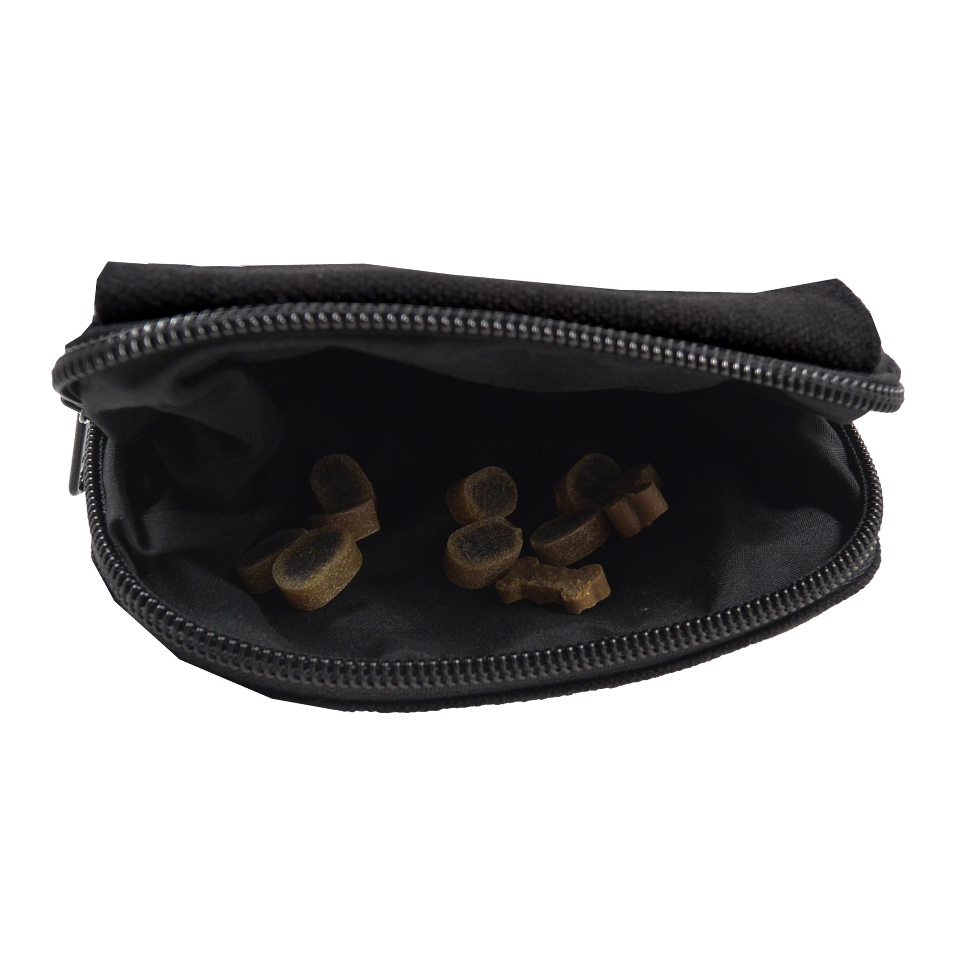 Beuteltasche schwarz mit zwei Gürtelschlaufen zum Anbringen an Gürtel mit einem extra auswaschbaren Leckerlifach.