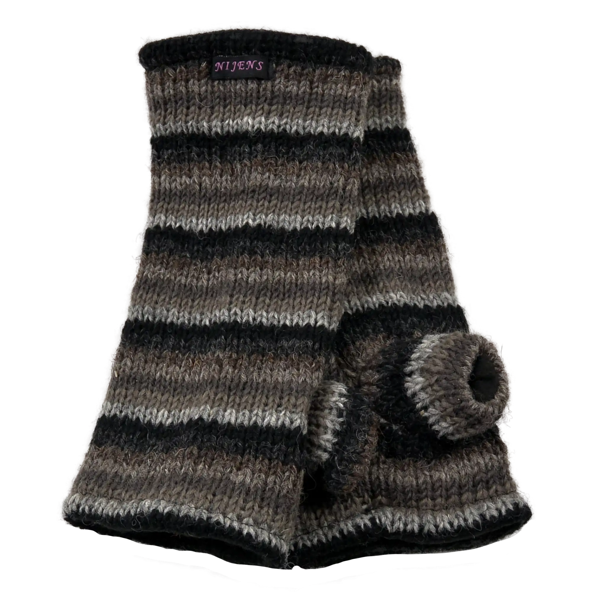 Armstulpen, Pulswärmer aus Schurwolle, gestreift in Schwarz, Grautönen mit Daumen und Innenfutter aus Fleece. 