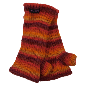 Armstulpen, Pulswärmer aus Schurwolle, gestreift in Rot, Orangetönen mit Daumen und Innenfutter aus Fleece.