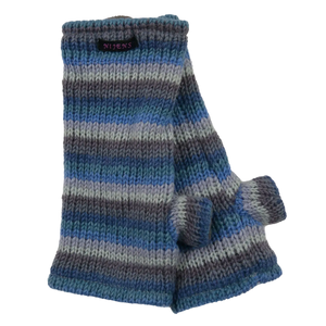 Armstulpen, Pulswärmer aus Schurwolle, gestreift in Grau, Blautönen mit Daumen und Innenfutter aus Fleece.