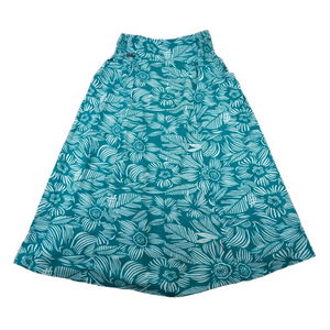 Sommerrock, Maxirock aus Viskose, Petrol und Palmenblättern und Blumenmotiven. Elastischer Schlupfbund.