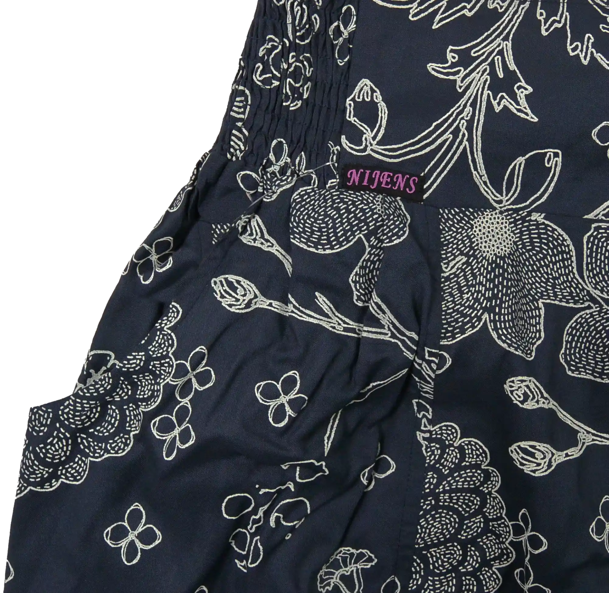 Ausschnitt einer Eingrifftasche vom Sommerrock, Maxirock aus Viskose, Nachtblau mit Blumenmotiven. Elastischer Schlupfbund.