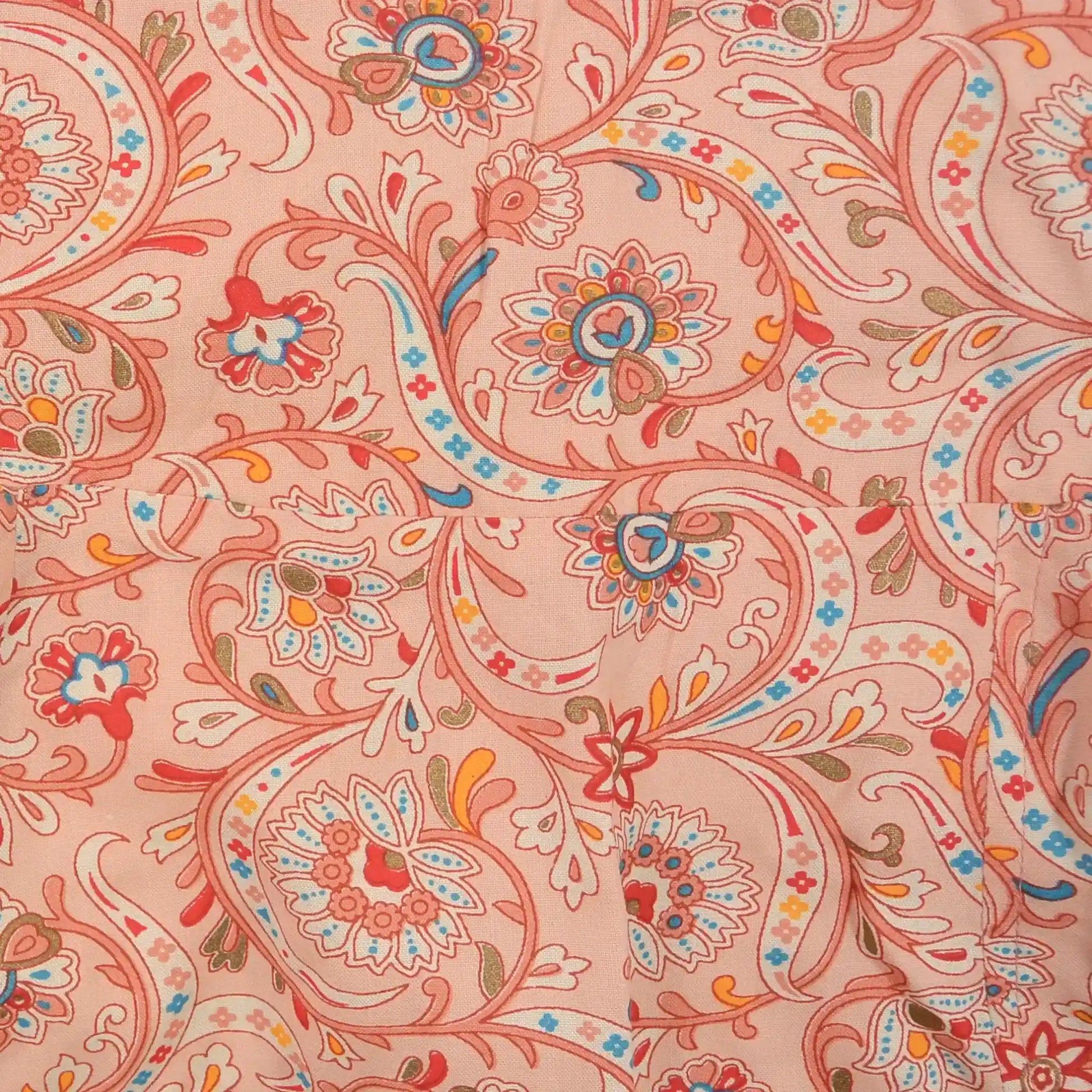 Ausschnitt Muster des Sommerrock, Maxirock aus Viskose, Rosa mit Blumenmornamenten. Elastischer Schlupfbund.